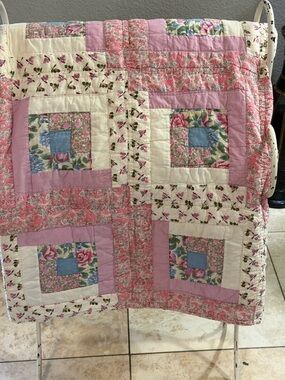 Handmade Vintage Queen Size Quilt Cottage Core Shabby Chic Pink & Purple Spring